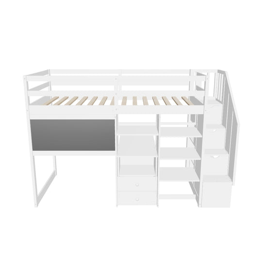 Twin Loft Bed with Stairs and Desk, Storage - [Wood, Drawers, Shelves, Blackboard]