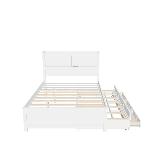 Full Platform Bed Frame with Twin Trundle and Storage Headboard, USB