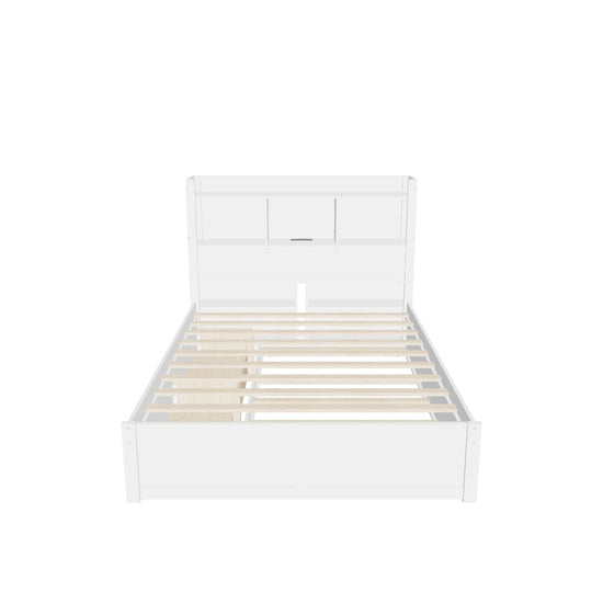 Full Platform Bed Frame with Twin Trundle Bed and Storage Headboard