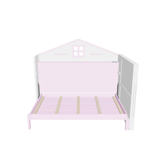 Best Kids Full Size Horizontal House Murphy Bed Cabinet with Shelves - Pink