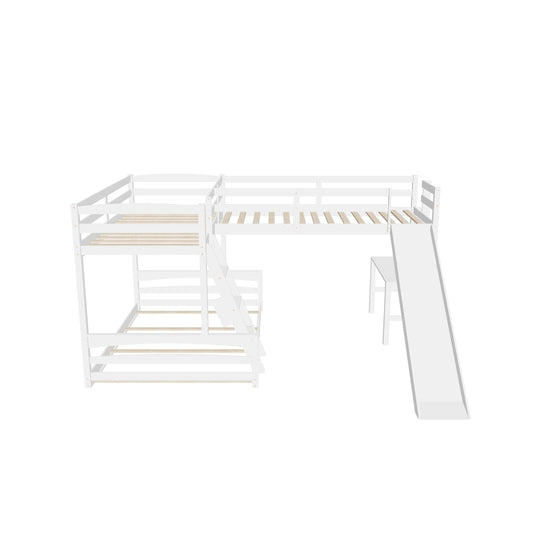 Wood Twin Over Full L-Shaped Low Bunk Bed with Twin Loft Bed with Desk and Slide