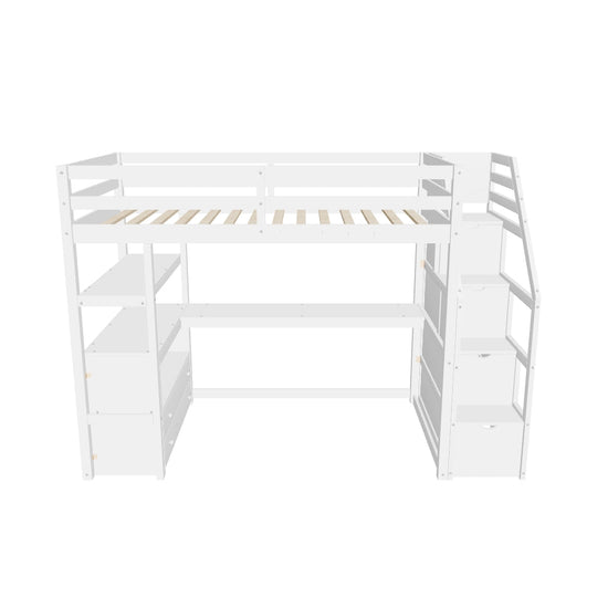 Twin Loft Bed with Desk and Stairs, Storage for Kids, Adults - [Wooden]