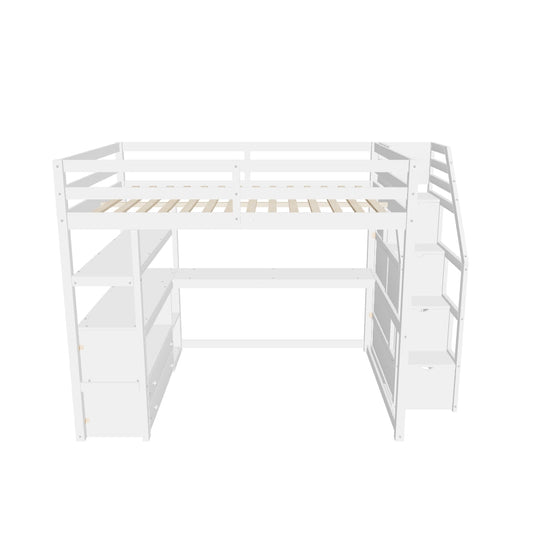 Full Loft Bed with Desk and Stairs, Storage for Kids, Adults - [Wooden]