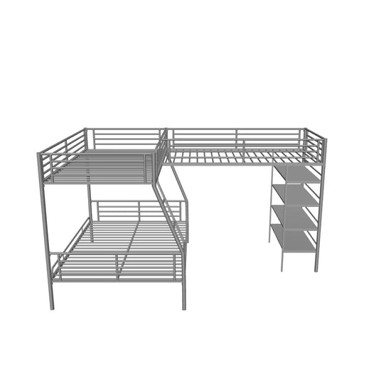 Twin Over Full Loft Triple Bunk Beds with Storage Shelves - [Metal, L-Shaped]