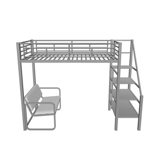 Metal Twin Loft Bed with Stairs and Couch, Storage Shelves for Kids, Adult