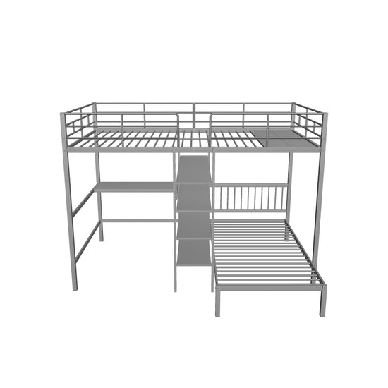 Metal Full Over Twin Bunk Bed with Desk and Storage - [L-Shaped, Shelves]