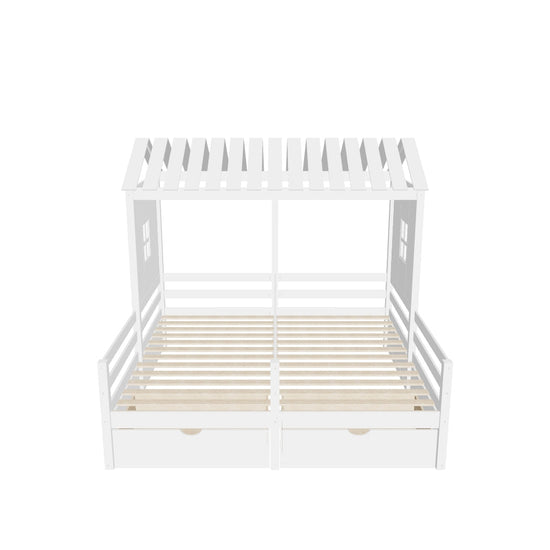 Double Twin House Platform Bed with Storage for 2 Kids to Share