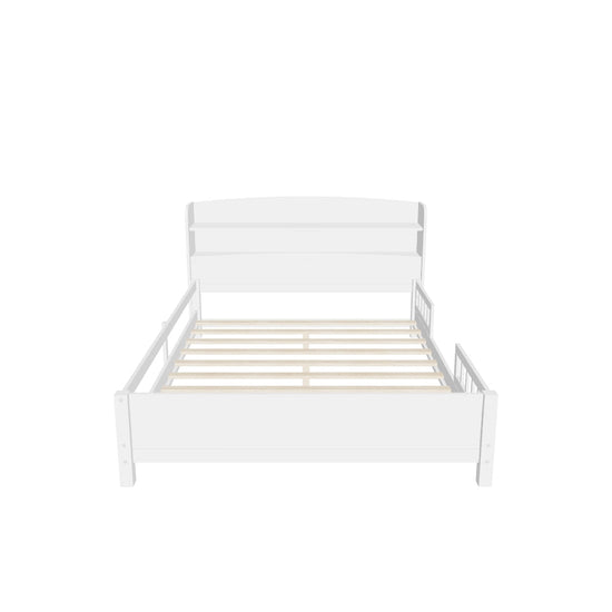 Wood Full Low Kids Platform Bed Frame with Rails and Storage Headboard