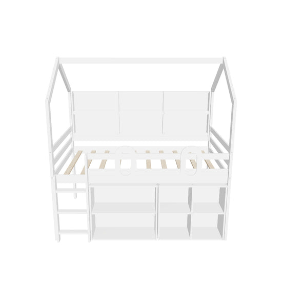 Low Kids Twin Loft House Bed with Storage Shelves - [Wooden]