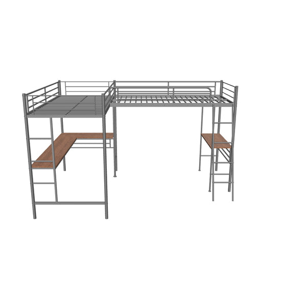 L-Shaped Double Black Metal Twin Loft Bed with Desks for 2 Person - [Corner]