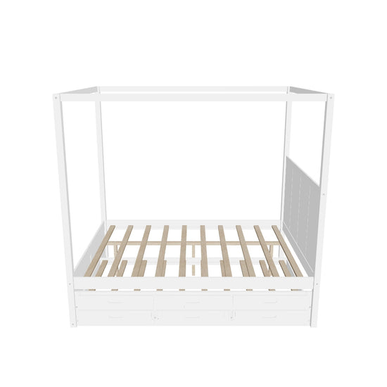 Queen Size Captain's Canopy Bed with Twin Trundle Bed and Storage - [Wooden, Drawers]