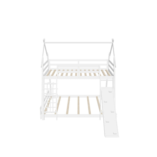 Low Twin Over Queen House Bunk Beds with Climbing Ramp & Nets - [Wooden]