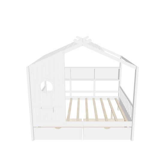 Kids Wooden Full Size House Bed with Storage Drawers, Shelves