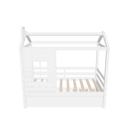 Kids Twin House Bed with Twin Trundle Bed and Rails