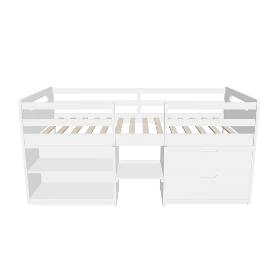 Modern Farmhouse Twin Low Montessori Loft Bed with Drawers and Shelves for Kids