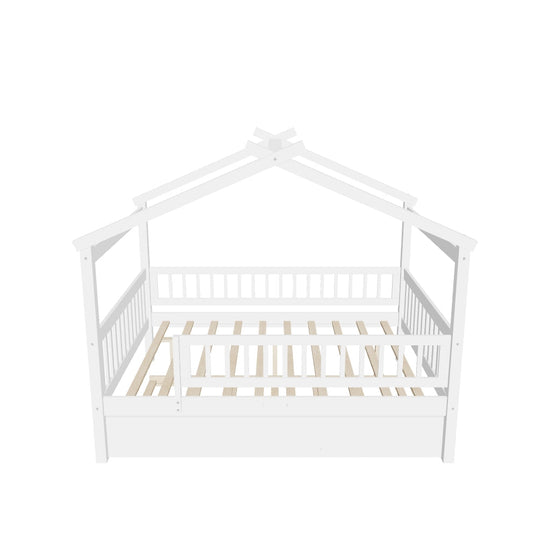 Wooden Full Size House Bed Frame with Twin Trundle for Kids, Toddler