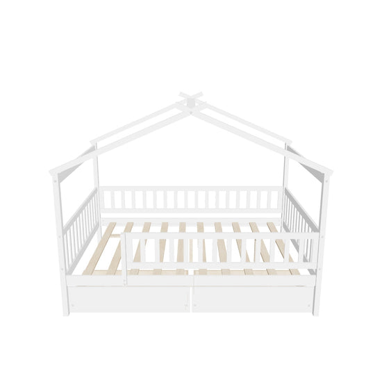 Full Size Wood House Toddler Bed Frame with Rails and Storage