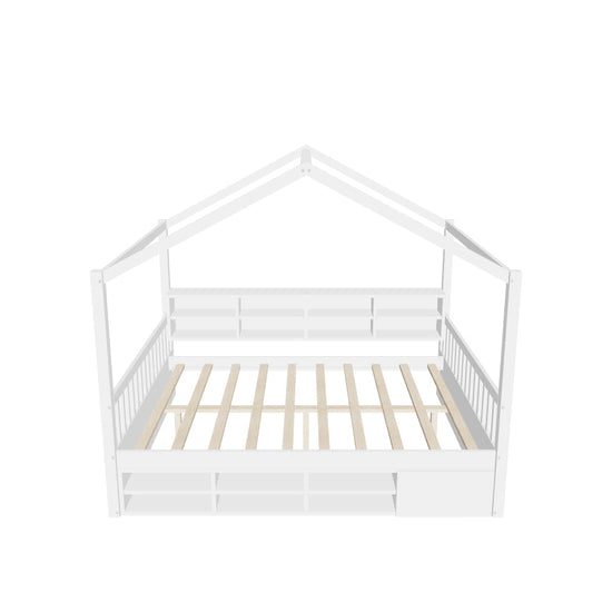 Wood Full House Kids Storage Bed Frame with Shelves and Mini-Cabinet