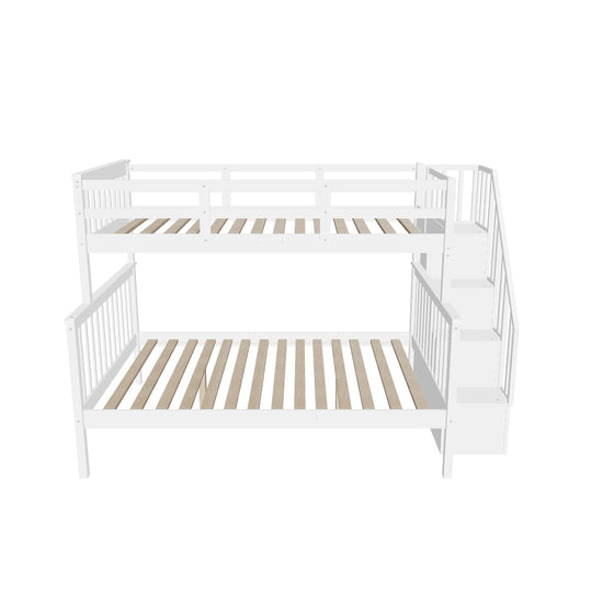 Wood Twin Over Full Bunk Bed with Storage and Stairs - [Shelves, Classic]