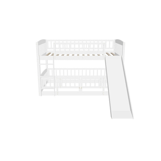 Twin Over Twin Low Bunk Beds with Slide and Fence - [Interchangeable Ladder, Floor]