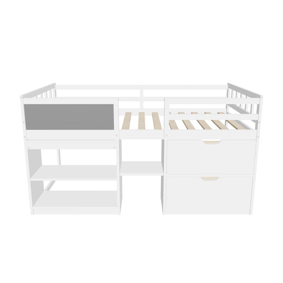 Kids Low Twin Loft Bed with Rolling Desk and Storage - [Drawers, Shelves]