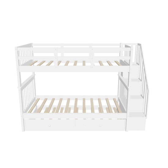 Twin Over Twin Bunk Beds with Stairs and Trundle, Storage - [Convertible, Shelves]