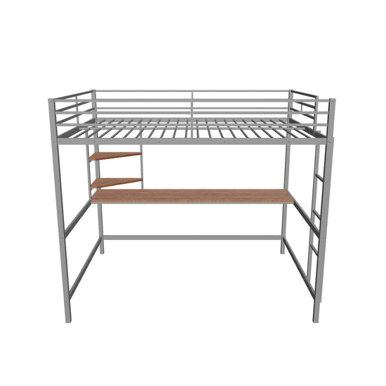 Full Size Metal Loft Bed with Desk and Shelves for Kids, Adults, Teens