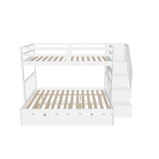 Wood Twin Over Twin / Full Bunk Bed with Trundle and Storage - [Shelves, Drawers, Stairs]