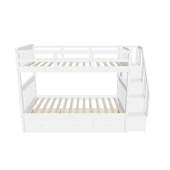 Twin Over Twin Bunk Bed With Stairs and Storage - [Drawers, Shelves, Wood]