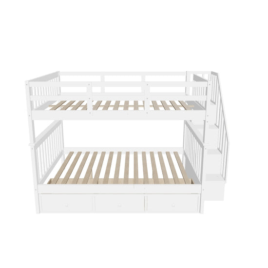 Wood Full Over Full Bunk Bed with Storage and Stairs - [Drawers, Shelves, Class]