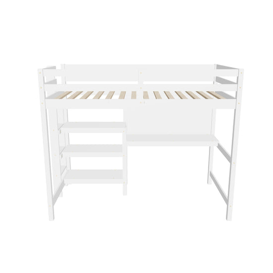 Wooden Twin Loft Bed with Desk and Storage Shelves for Adult, Kids, Junior