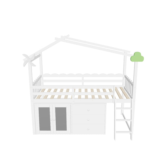 Twin Size Low House Loft Bed with Storage for Kids - [Cabinet, Drawers]