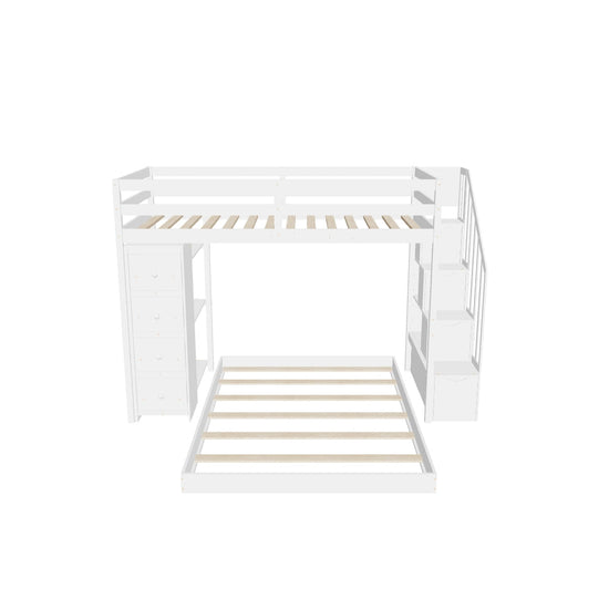 L-Shaped Twin Over Full Floor Bunk Beds for Toddlers, Kids with Stairs