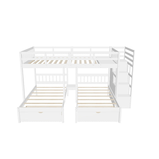 Wood Full Over Twin & Twin L-Shaped Triple Bunk Bed with Stairs and Drawers