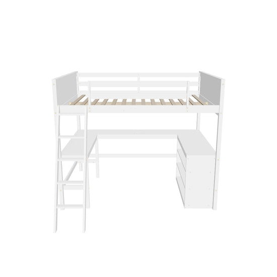 Full Size Convertible High Loft Bed with Desk and Shelves - [Cabinet, Wood]