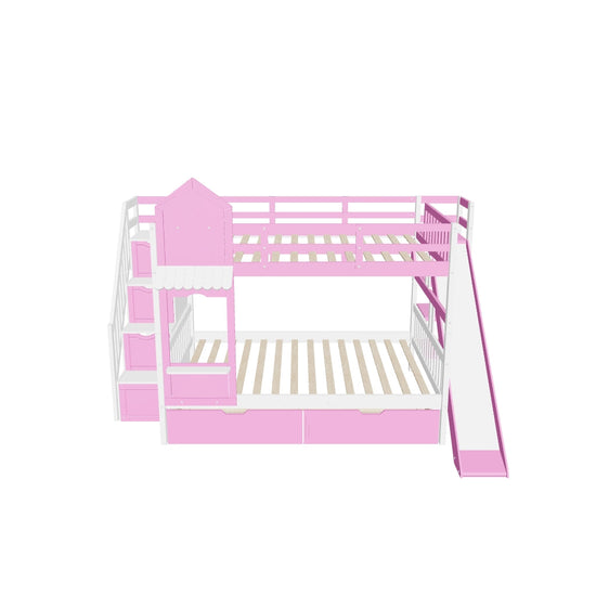 Full Over Full Castle Bunk Beds with Stairs and Slide for Girls, Boys