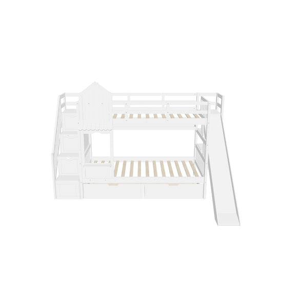 Girls Twin Over Twin Castle Bunk Bed with Slide and Stairs, Storage