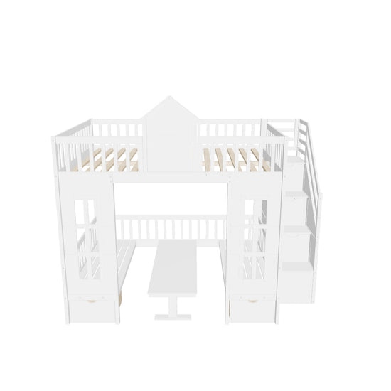 Convertible Castle Full Over Full Bunk Beds with Stairs and Table, Storage - [Drawers]