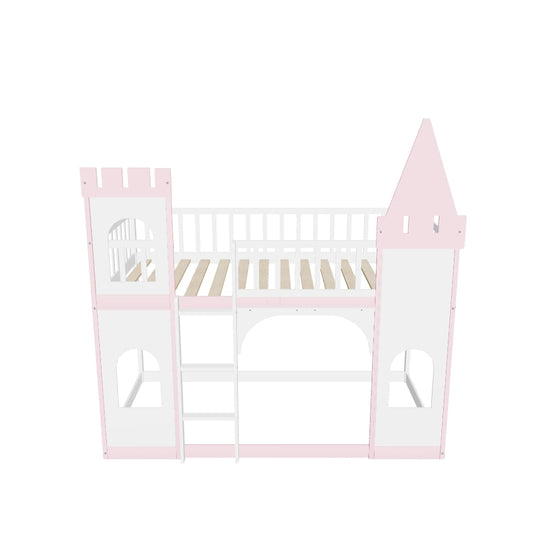 Low Twin Over Twin Bunk Beds for Kids, Girls, Toddler - [Wooden, Castle]