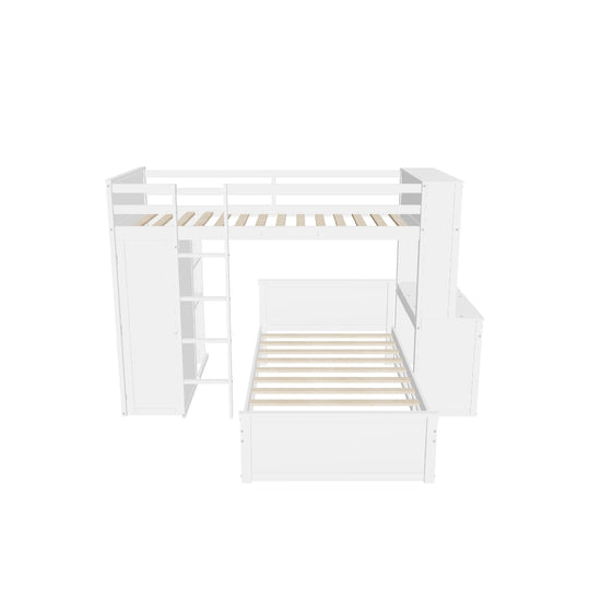 L-Shaped Twin Over Twin Bunk Beds with Desk and Storage - [Wooden, Drawers, Wardrobe]