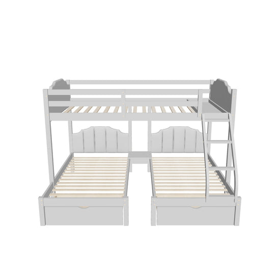 Upholstered Full Over Twin & Twin Triple Bunk Bed with Storage - [Drawers, L-Shaped]