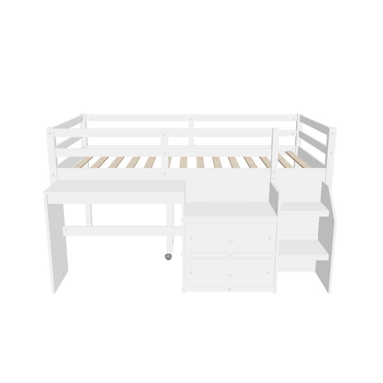 Twin Size Kids Low Loft Bed with Desk, Stairs and Storage Drawers