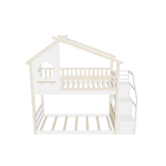 Low Twin Over Twin House Bunk Beds with Stairs and Storage for Kids, Toddler - [Floor]