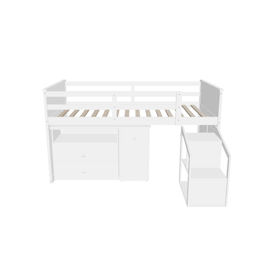 Low Twin Loft Bed with Portable Desk and Stairs, Storage - [Wood, Drawers, Shelves]