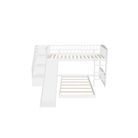 Twin Over Twin L-Shaped Floor Bunk Beds with Stairs and Slide for Kids