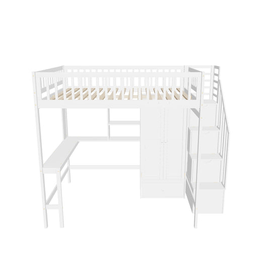 Full Size Loft Bed with Desk and Stairs, Storage - [Wood, Drawers, Wardrobe, Shelves]