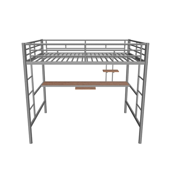 Metal Full Size Gaming Loft Bed Frame with Desk and Shelves - [2 Ladders]