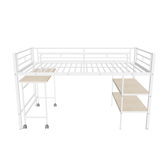 Metal Low Twin Loft Bed with Desk and Storage Shelves for Kids