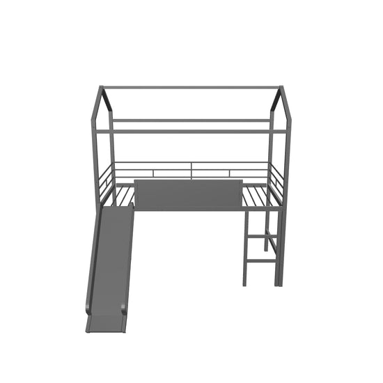 Low Metal Twin Playhouse Loft Bed with Slide, Chalkboard for Kids, Junior