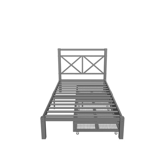 Metal Black Twin Platform Bed with Headboard and Storage